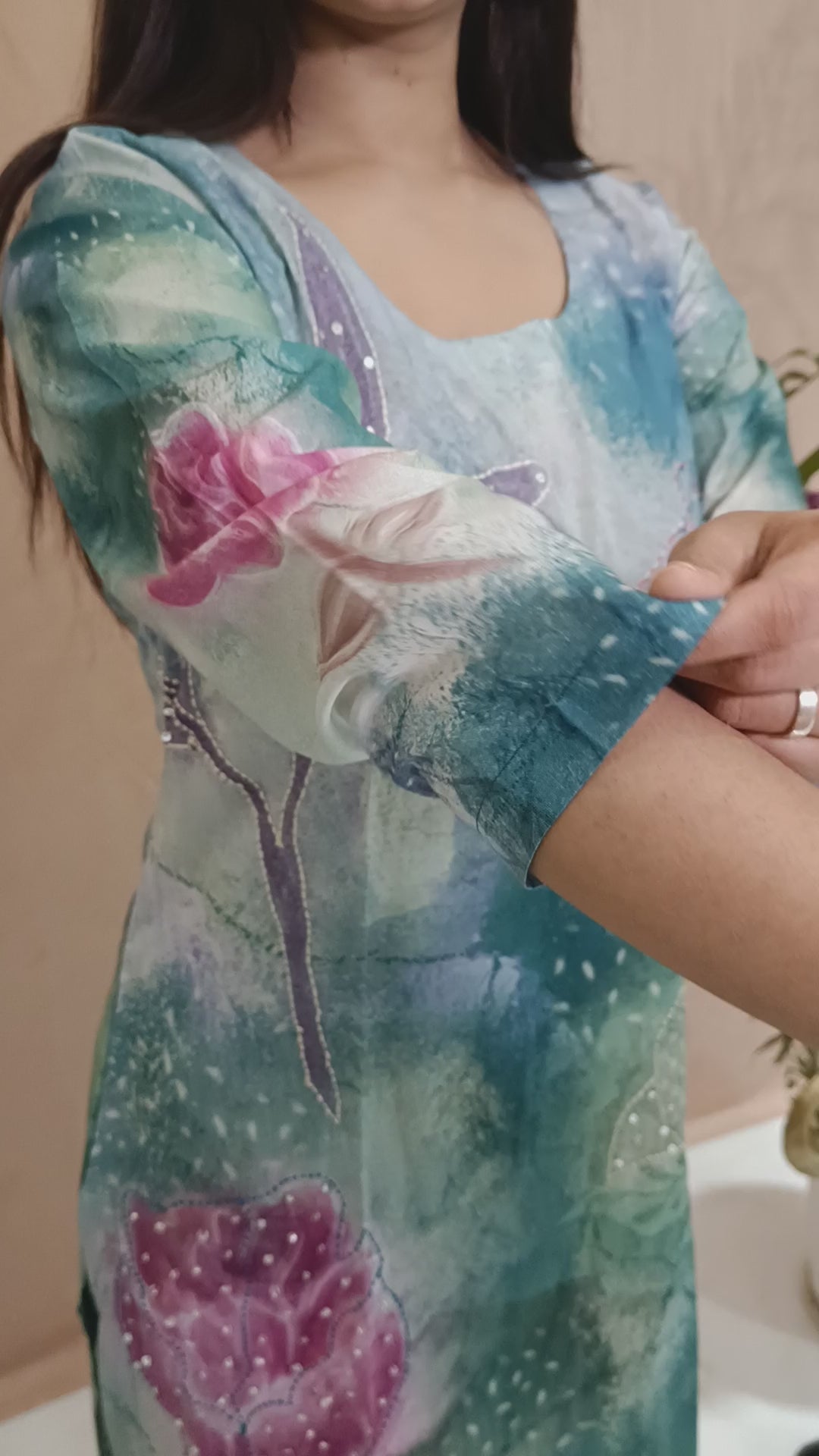 Blue Digital Print Suit Set with Pants and Dupatta