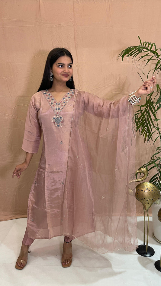 Pink Tissue Shimmer Set with Scallop Dupatta