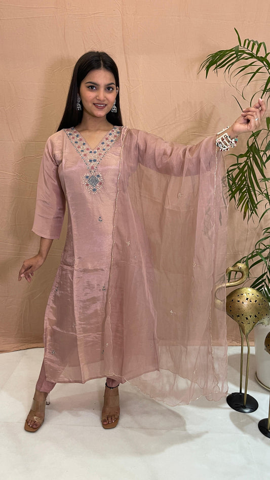 Pink Tissue Shimmer Set with Scallop Dupatta