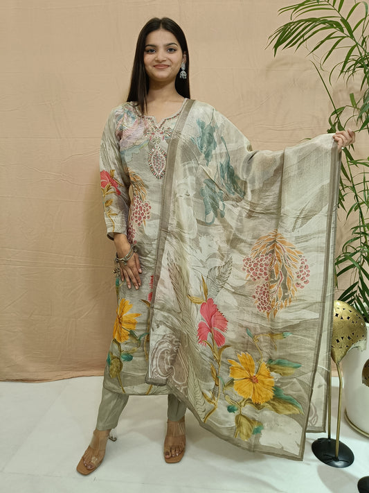 Multicolor Pure Tissue Shimmer Set with Pants and Dupatta
