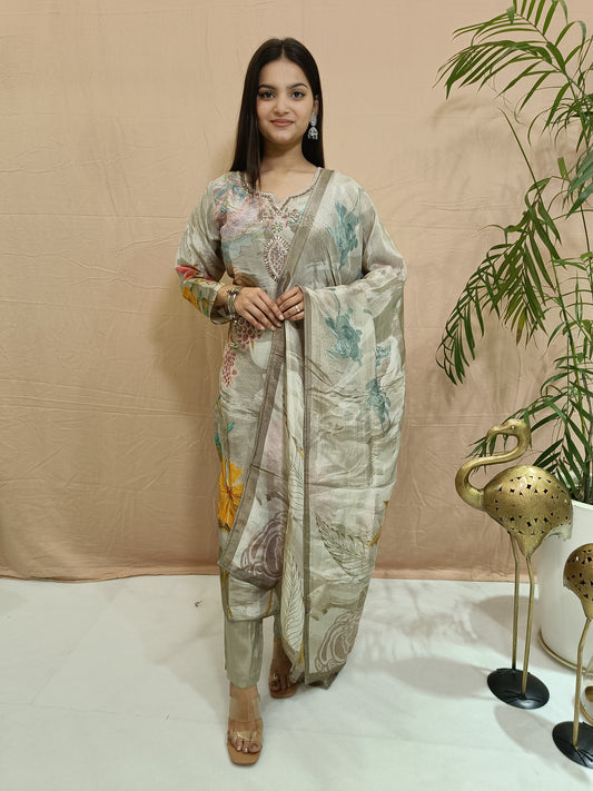 Multicolor Pure Tissue Shimmer Set with Pants and Dupatta