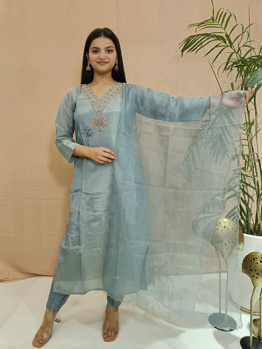 Graceful Blue Chinon A-Cut Kurta Set with Choker Dupatta
