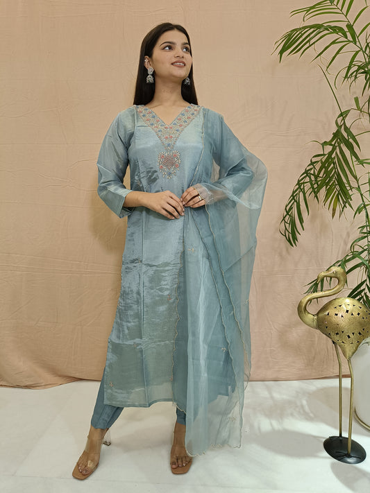Graceful Blue Chinon A-Cut Kurta Set with Choker Dupatta