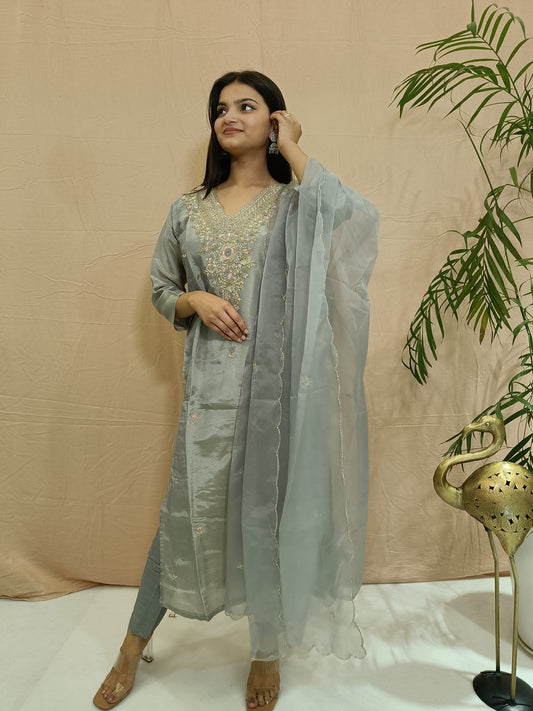 Grey Tissue Shimmer Kurta with Zardosi Handwork