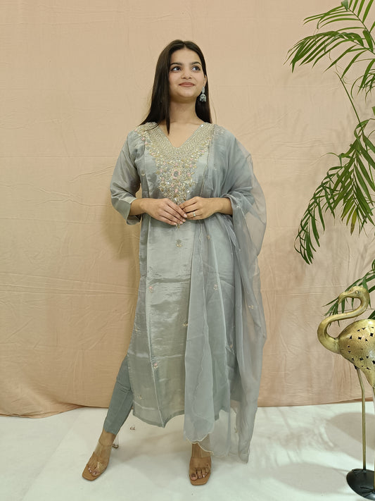 Grey Tissue Shimmer Kurta with Zardosi Handwork