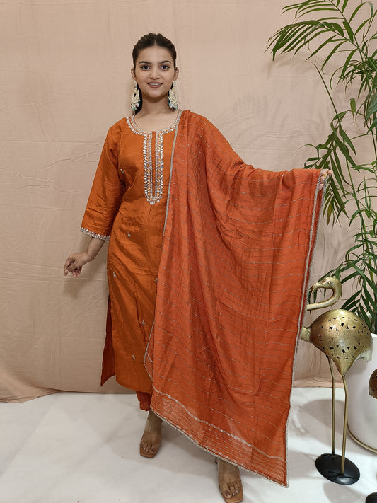 Orange Dola Silk Suit Set
