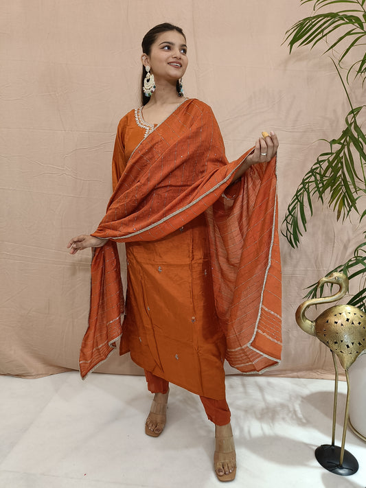 Orange Dola Silk Suit Set