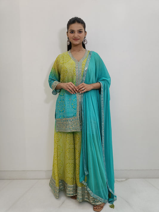 Sky Blue and Yellow Chinon Kurta with Lace Work Set