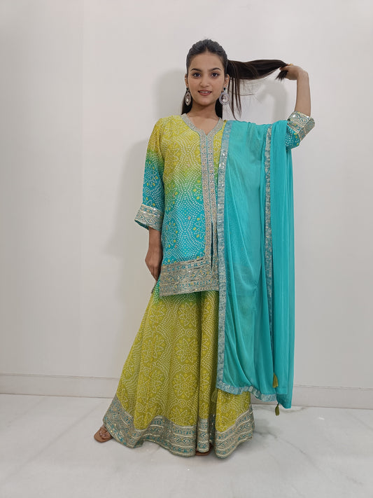 Sky Blue and Yellow Chinon Kurta with Lace Work Set