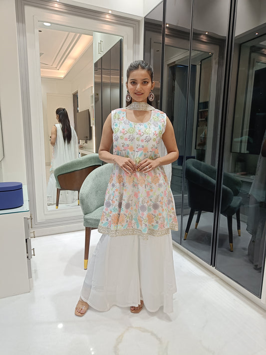 Graceful Chinon A-Cut Kurta Set with Choker Dupatta
