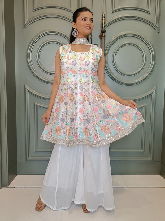 Graceful Chinon A-Cut Kurta Set with Choker Dupatta