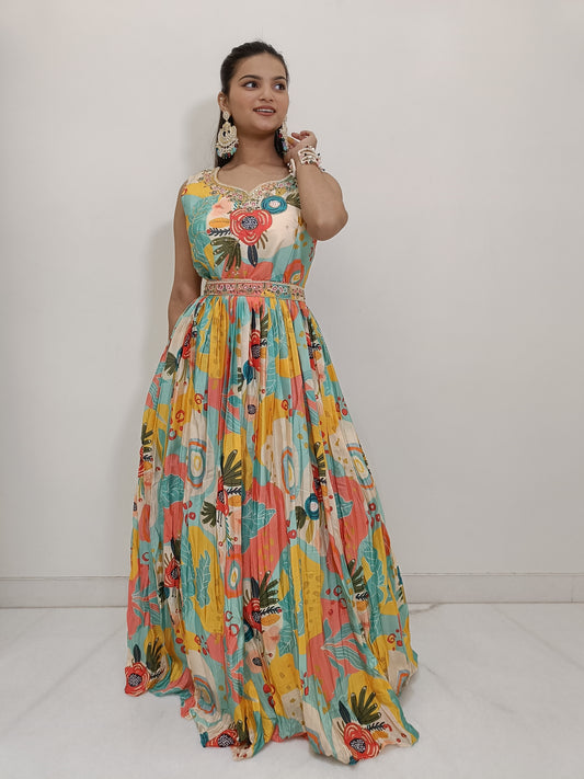 Multicolor Crepe Gown with Cancan and Belt