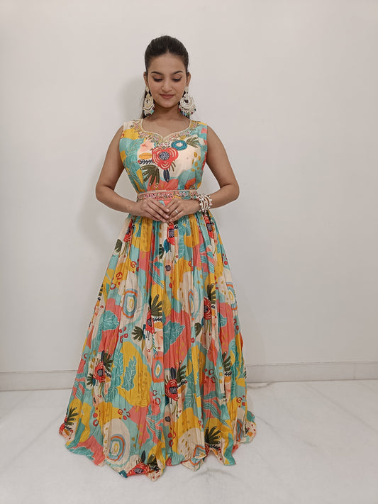 Multicolor Crepe Gown with Cancan and Belt