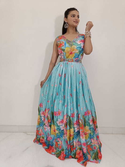 Skyblue Crepe Gown with Cancan and Belt