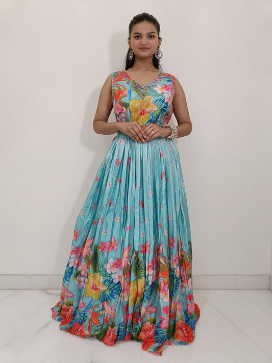 Skyblue Crepe Gown with Cancan and Belt