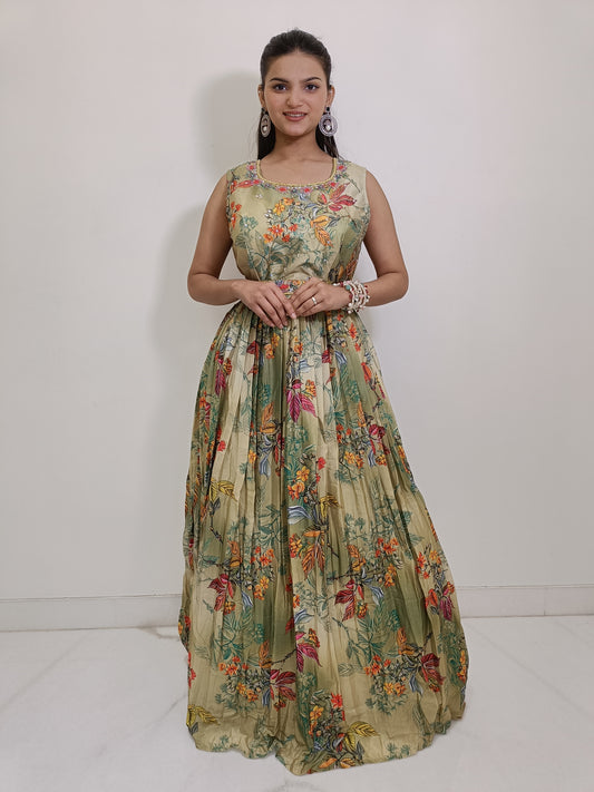 Green Crepe Gown with Cancan and Belt