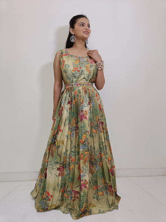 Green Crepe Gown with Cancan and Belt