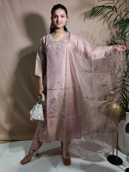 Pink Tissue Shimmer Kurta with Zardosi Handwork