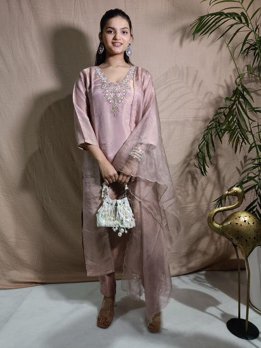Pink Tissue Shimmer Kurta with Zardosi Handwork