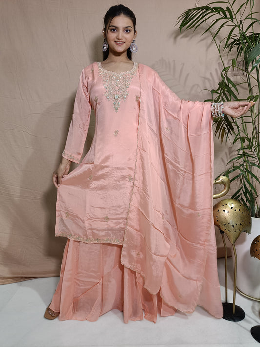 Baby Pink Tissue Shimmer Kurta with Zardosi Handwork
