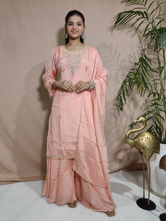 Baby Pink Tissue Shimmer Kurta with Zardosi Handwork