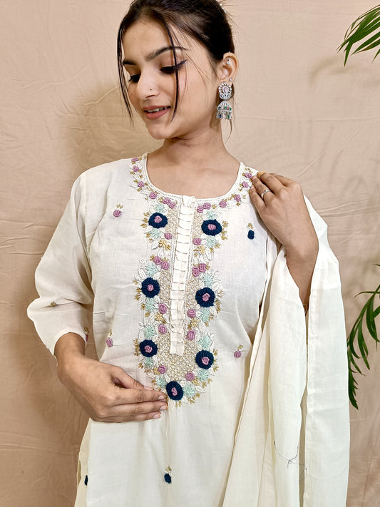 Elegant White Cotton Thread Work Suit Set