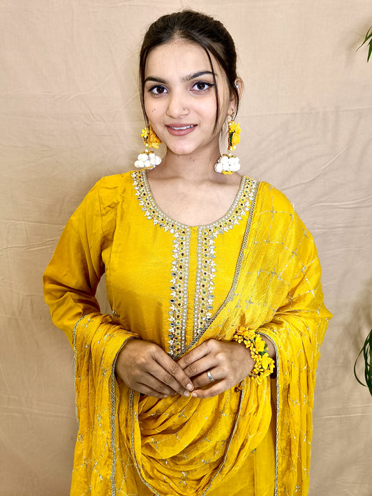 Mustard Dola Silk Suit Set