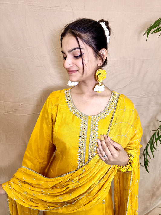 Mustard Dola Silk Suit Set