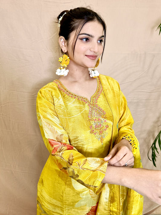 Yellow Pure Tissue Shimmer Set with Pants and Dupatta
