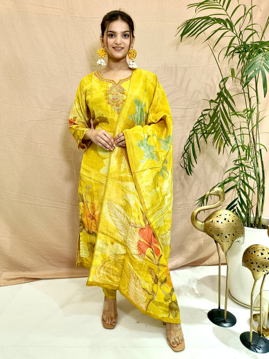 Yellow Pure Tissue Shimmer Set with Pants and Dupatta