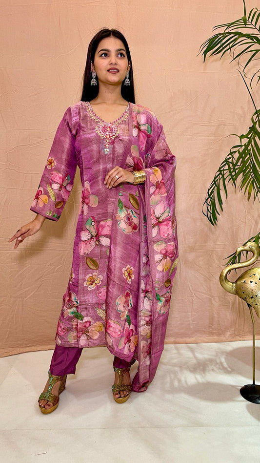 Violet Pure Tissue Shimmer Set with Pants and Dupatta