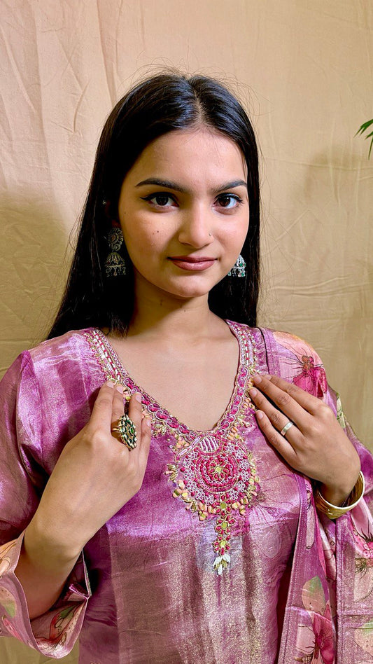 Violet Pure Tissue Shimmer Set with Pants and Dupatta