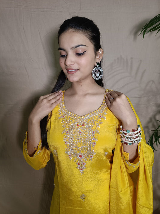 Yellow Dola Silk Suit Set with Pants and Heavy Dupatta