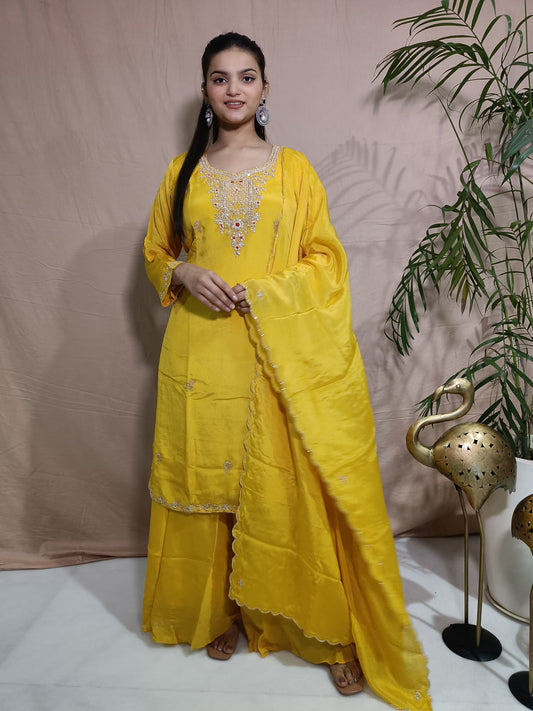 Yellow Dola Silk Suit Set with Pants and Heavy Dupatta