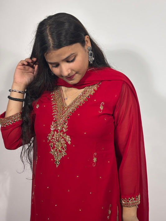 The Ruby Red Embroidered Suit Set