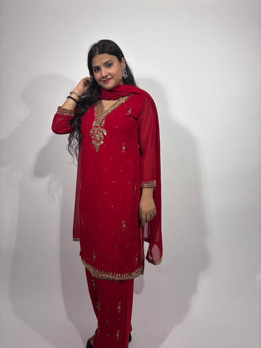 The Ruby Red Embroidered Suit Set