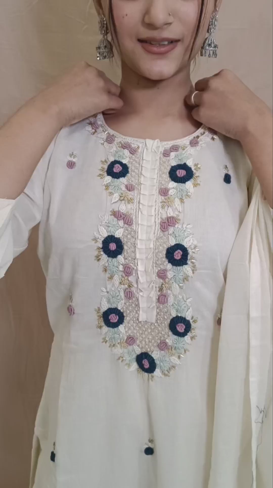 Elegant White Cotton Thread Work Suit Set